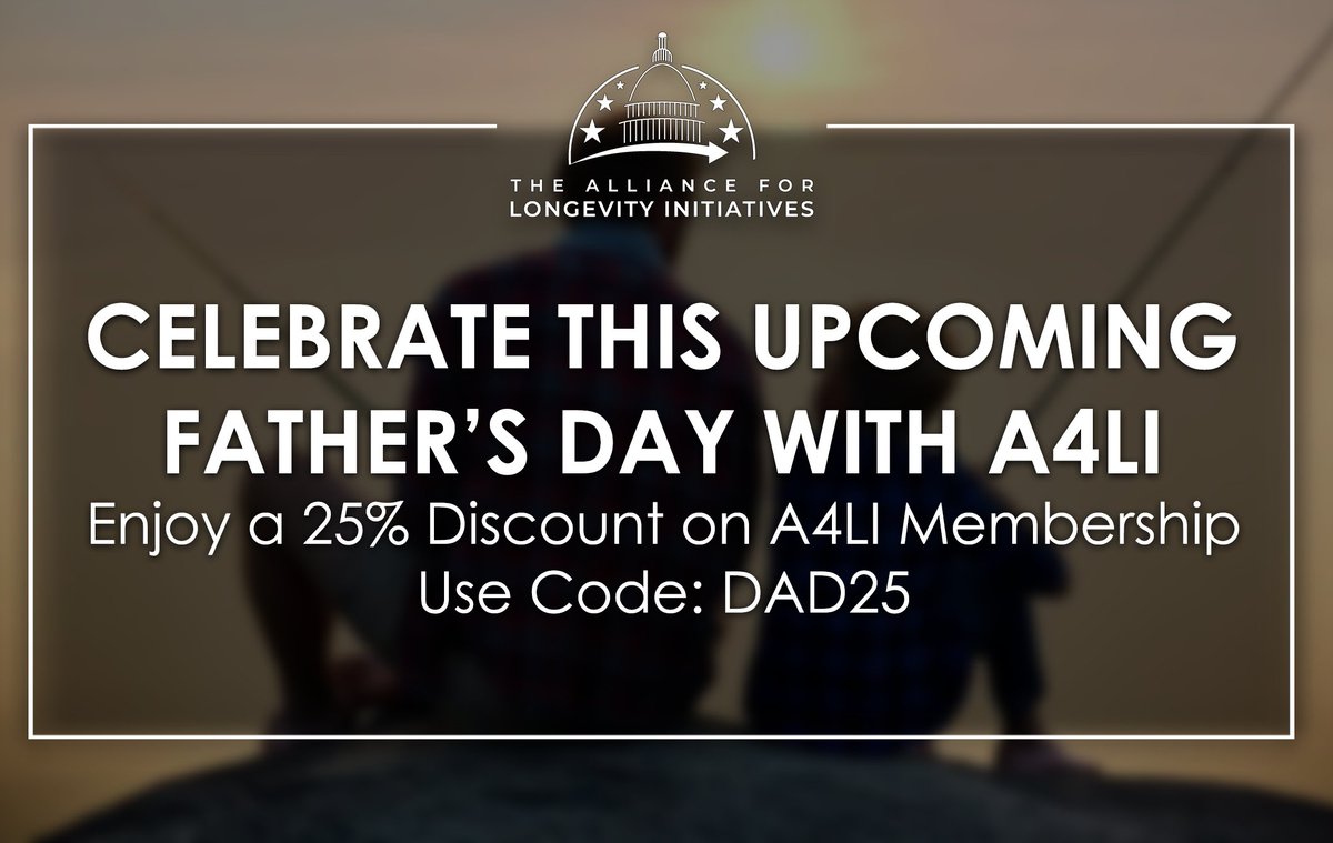 theA4LI's tweet photo. Father’s Day is just around the corner!

Are you still shopping for a gift? Your A4LI membership unlocks many discounts on diagnostic tests, baseline screenings, and other longevity products that make great gifts that help our fathers and grandfathers take control of their health. If you’re not a member yet, we are offering a 25% discount on your membership this week. Use promo code DAD25.

Learn more about the benefits of becoming a member today (https://t.co/F0lQuOLeku) and let’s advocate for a long and healthy life for all!

Thank you to our partners for making this possible!
@TruDiagnostic @glycanage @NeuroAgeTX @prolonfmd @LNutraOfficial @OneSkinTech @DelavieSciences @optispan