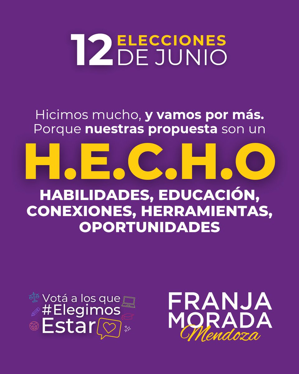 FranjaMendoza's tweet photo. Nuestras propuestas son un HECHO ✨️✅️

👉🏼 Te proponemos un programa integral para fomentar tus habilidades, innovar en la educación, generar conexiones con el mundo laboral, sumar herramientas digitales e igualar oportunidades. 

#ElegimosEstar 💜✨�� https://t.co/JpDyZnDKuq