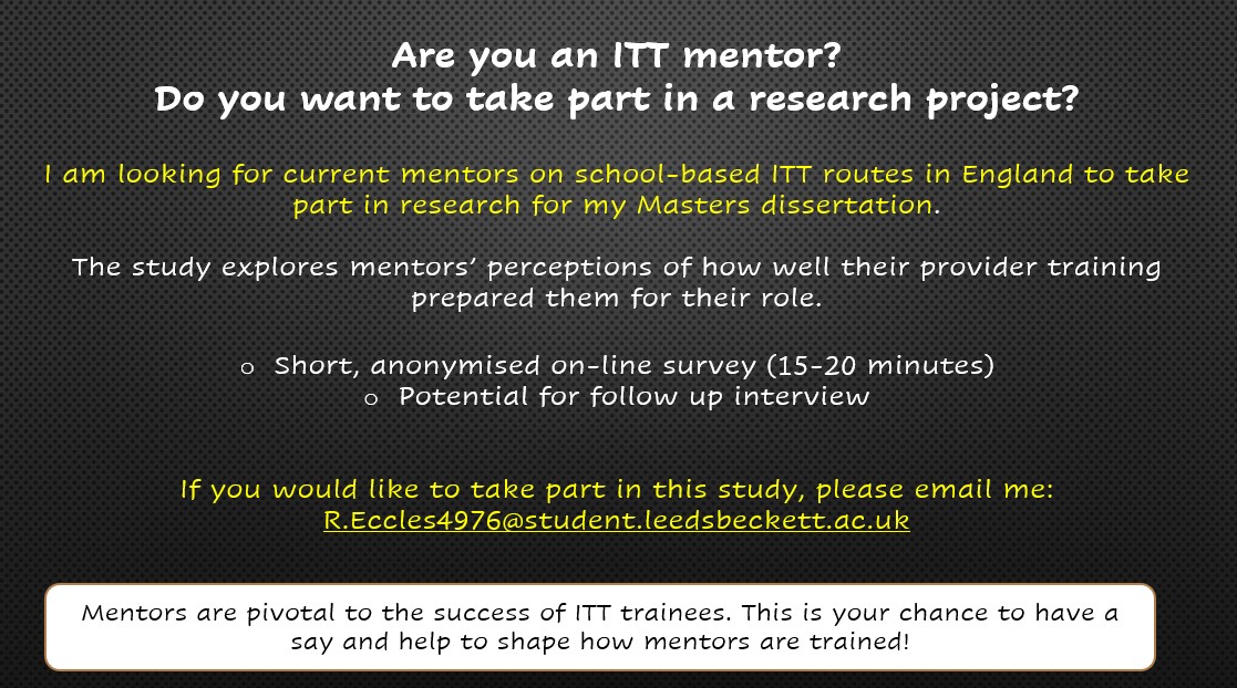 Still time for ITT mentors to take part in this important research. Effective mentor training is so important! Please encourage any mentors you know to have a look at this and share. Thank you! @JonnyUttley <a href="/HallamTSA/">Hallam TSA</a> <a href="/SheffieldSCITT/">Sheffield SCITT</a> @RKLTPeople <a href="/MrKAdams_/">Kyrome Adams</a>  <a href="/michael_merrick/">Michael Merrick</a>
