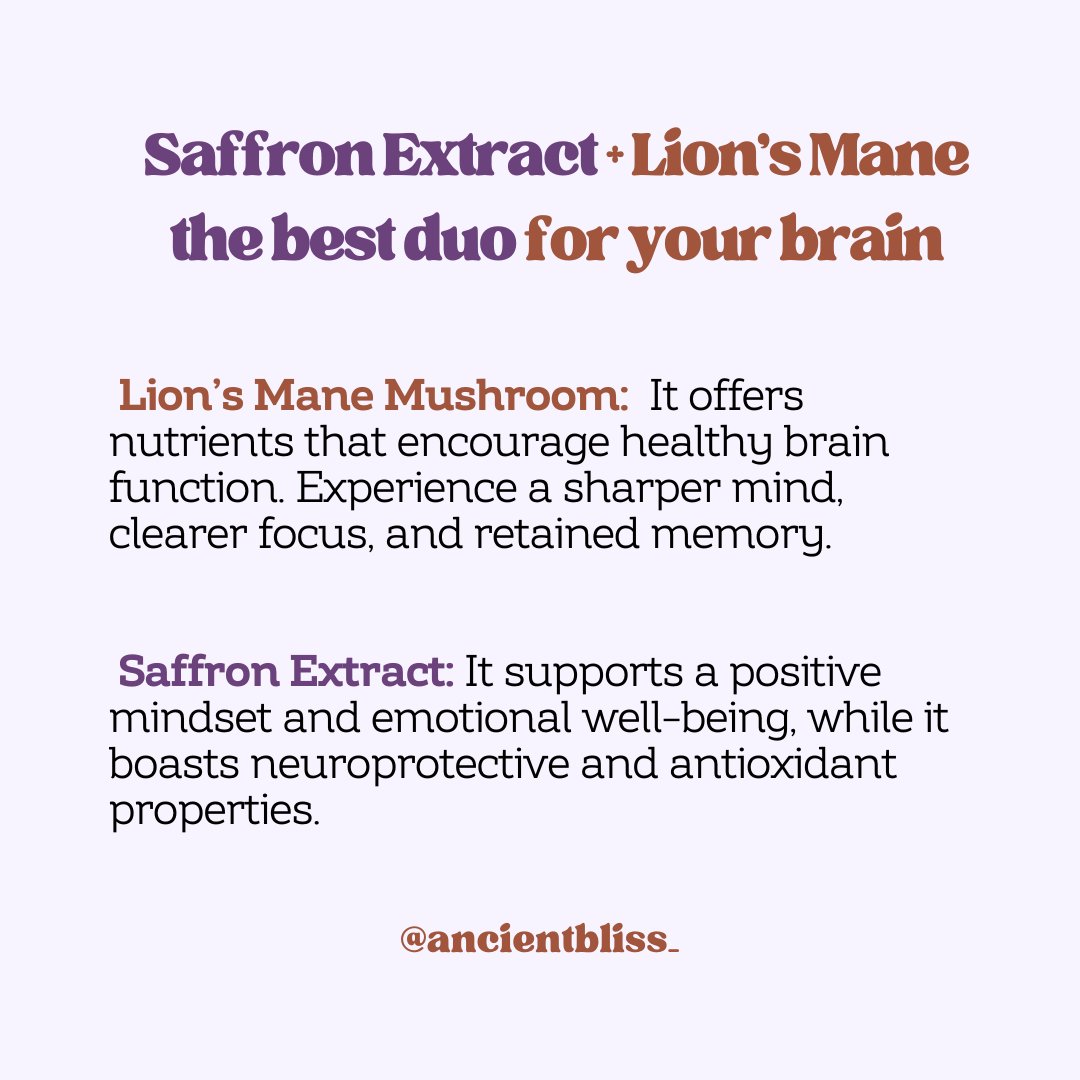 Unlock your brain's potential with the powerful duo of Saffron Extract and Lion’s Mane! 🌿🧠 Enhance your focus, boost your memory, and uplift your mood naturally.