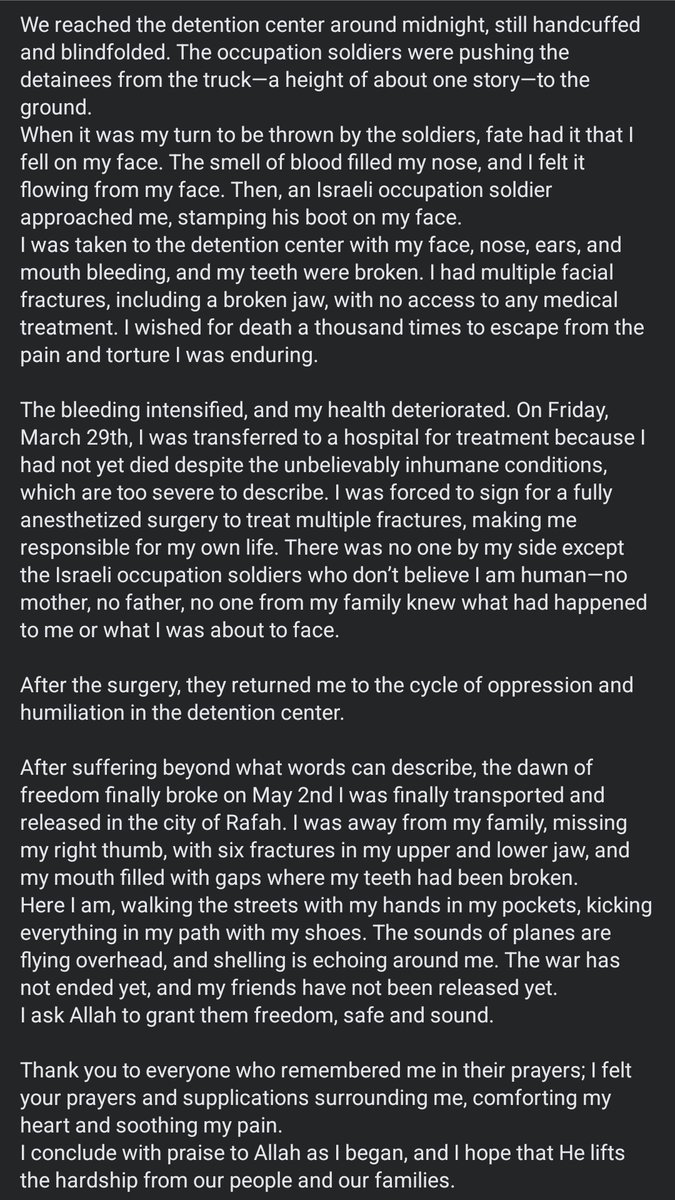 Please take a moment to read <a href="/khaleelskaik/">خِل 𓂆</a>'s testimony about the harrowing experience of torture he endured in an israeli 'detention centre.'

Khaleel is the hostage you don't read about in mainstream media.
