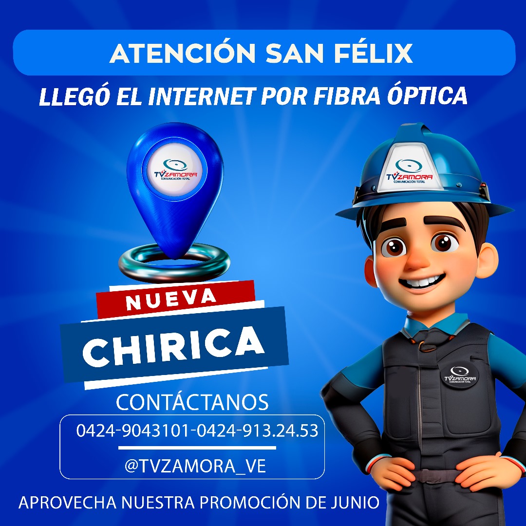 🚨🌐 ¡Atención Nueva Chirica en San Félix! 🌐🚨 TV Zamora llega con internet de fibra óptica de alta velocidad. ¡Solicita ya tu servicio y aprovecha la promoción donde el primer mes va por la casa! ¿Qué esperas? ¡No lo dejes pasar! 📶💻🔥 #InternetFibraÓptica #TVZamora #Promoción