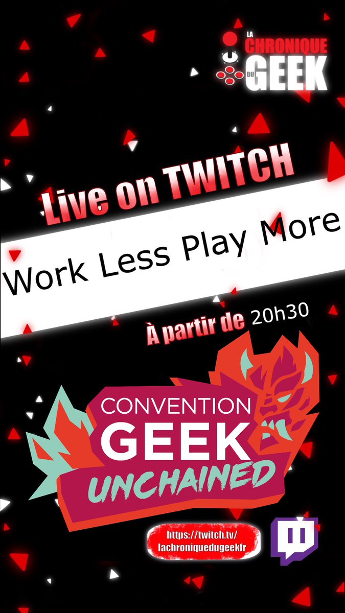 ChroniqueGeekFr's tweet photo. Ce soir on fait une émission Work Less Play More avec l’équipe de @GeekUnchained68 ! 
RDV à 20h30 sur notre chaîne Twitch (lien juste en bas 👇) pour un peu d’actualités et beaucoup d’infos ! https://t.co/dIDufMPW0o