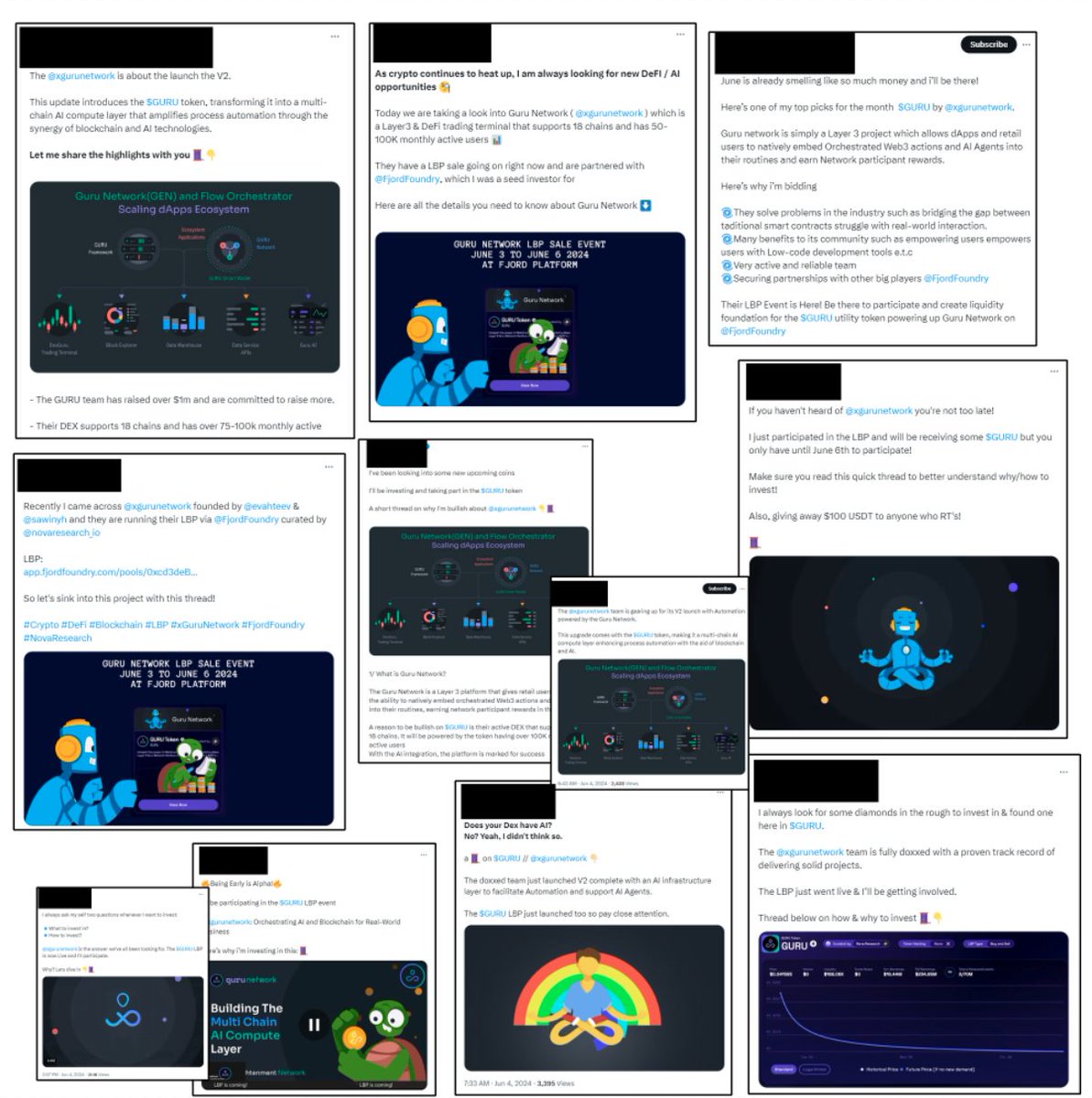 ericonomic's tweet photo. I aped the Guru Network LBP
​
I never buy LBPs, but I made an exception with this one due to its bullish factors: top-tier backers + price under seed price + low MC + Base L3 + AI features + CCIP integration + KOLs can't dump (yet)
​
It has already ended; if you want to buy some this is the CA: 0x525574C899A7c877a11865339e57376092168258
​
Below I explain my thesis:
​
1) Top tier backers
​
They had two funding rounds with investors like Shima Capital, ParaFi, and Wintermute.
​
2) Current price under seed price
​
The conditions for each round were:
-Preseed: $1M @ $10M FDV, 6m cliff 18m vesting (10% supply)
-Seed: $5M @ $50M FDV, 6m cliff 18m vesting (10% supply)

The LBP ended at around $30M FDV, which means it is 3x above the preseed price or 40% below the private price, obviously with no vesting.
​
At TGE, 8% will be released for listings and market makers, 7% for the LBP, and 3% for marketing (mainly for KOLs at the moment, I will expand on this), totaling 18%, so the current MC is $5.4M (in fact it's less because some part of it its vested).
​
3) Small inflation
​
Considering the tokenomics, unlocks do not start until month 3.

- In month 3, half of the advisors' allocation is released, which is 1%.
- In months 4 and 5, a portion of the ecosystem growth allocation is released, amounting to 2.5%.
- In month 6, the larger releases begin.
- At TGE, the marketing allocation is released, so they would pay the KOLs as mentioned before (but it is not yet fully released, I will expand on this later).
​
Upon reviewing on-chain data, the only significant change is that the advisors' allocation can be confirmed to have a 1-month cliff and a 5-month vesting period.
​
Therefore, we currently have a window of several months to act with almost no inflation (i.e., without previous rounds dumping on us).
​
4) Base Layer 3
​
It is an L3 built on Base (despite recent sentiment, this still generates hype).
​
Coinbase's Smart Wallet will be launched soon, bringing significant liquidity to Base and gaining momentum.
​
5) DEX Guru
​
Guru Network includes many projects, such as Dex Guru, a trading terminal that most of us have probably used at some point, with a solid user base.
​
6) AI features
​
It also has an AI product focused on AI agents (a narrative with a lot of momentum currently). Basically, it is a competitor to SPEC (which currently has $1.4B FDV).
​
7) CCIP integration
​
Chainlink's Cross-Chain Interoperability Protocol (CCIP) integration will allow its AI agents to be deployed on any blockchain supported by CCIP.
​
For instance, the AI could analyze cryptocurrency prices on Ethereum and Binance Smart Chain to generate buy or sell signals and then execute certain tasks (e.g., if ETH price pumps more than 5% in a period of 5 minutes, sell BNB).
​
8) KOLs can't dump (yet)
​
Part of the 3% supply for marketing has initially been used to create a KOL round in order to get KOLs to promote Guru. In other words, the project creates a better round for the KOLs and, in exchange, they advertise Guru.

This round had a price of $0.004/token, which corresponds to an FDV of $4M. This information is not public; I got it on-chain, so it might be incorrect, but considering the connections, payments, and tokens received, it seems to make sense.
​
This round has a vesting schedule of a 1-month cliff and 5 months of linear vesting, so they cannot dump on us at the TGE. You can check it here: https://t.co/99X3jpATH5

While reviewing their connections, I noticed something curious: several of these KOLs share multiple CEX deposit addresses. Could they be the same person? Are they  close friends? Who knows.
​
Anyways, what is clear is that they won’t have tokens to dump until after 1 month and those tokens weren't free.
​
_______________
If you're gonna APE do your own research and don't FOMO into this because I might be wrong in my thesis.
​
Keep in mind that the mainnet is not deployed yet and, for now, most of the things discussed in this thread are just theory. Until everything is fully developed, deployed, and proven to work and achieve PMF, the theses won't make sense.
​
Even so, I think the price is undervalued.
​
Cheers!