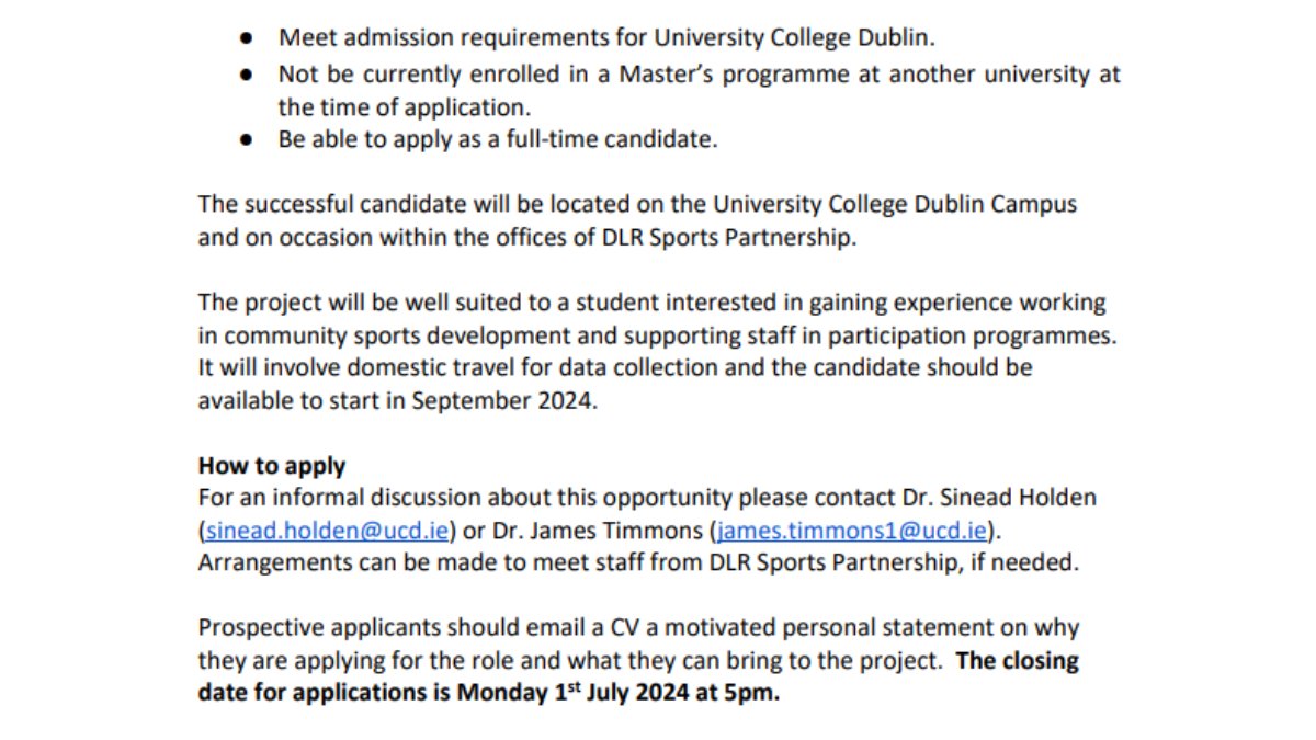 📢Research Masters opportunity available at #UCDSPHPSS📢
The aim of the proposed research is to understand physical activity patterns and its determinants in the Dun Laoghaire Rathdown area and develop a system for monitoring changes over time.
More details⬇️