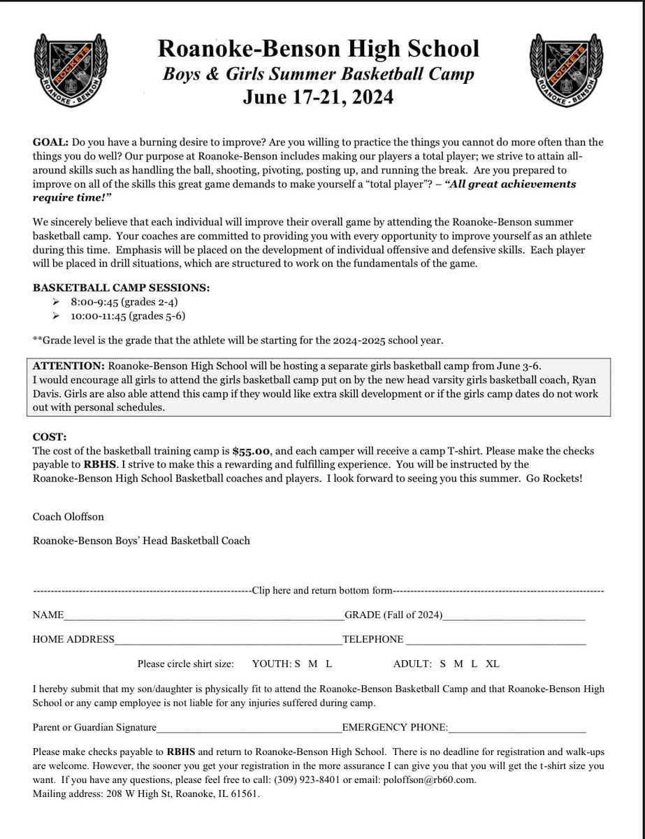 It’s not too late to sign up for the boys basketball summer camp happening next week, June 17-21, grades 2-6. 
Girls are also welcome!

Forms are available in the office. 
#WeAreRB