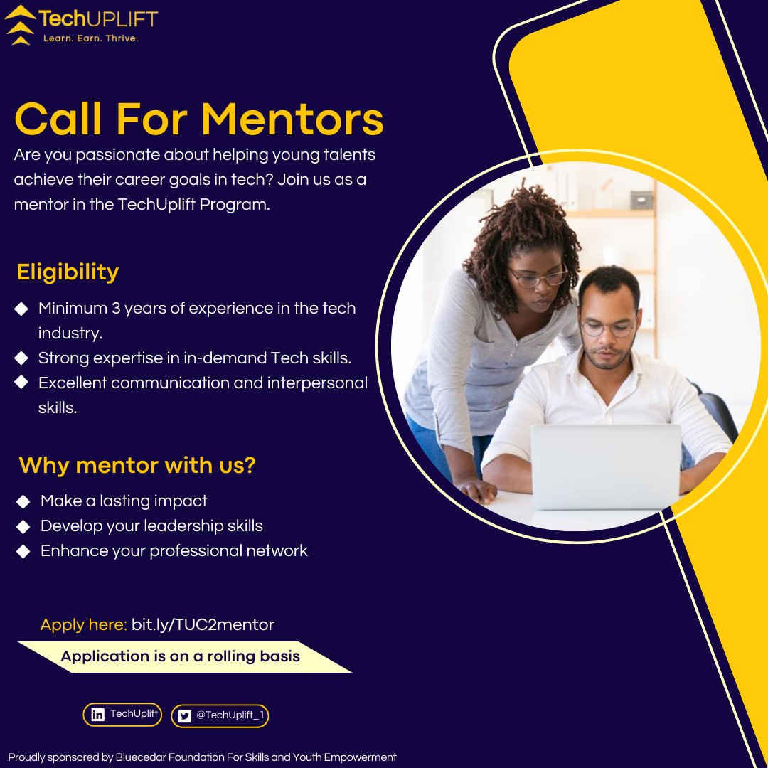 Can you imagine the meaningful impact you could have on someone's life by sharing your #tech expertise and experience?  

Sign up now and let's uplift the next generation of tech talents together!   

Link: bit.ly/TUC2mentor 

#TechUplift 
#Mentorship
#TechCareer
