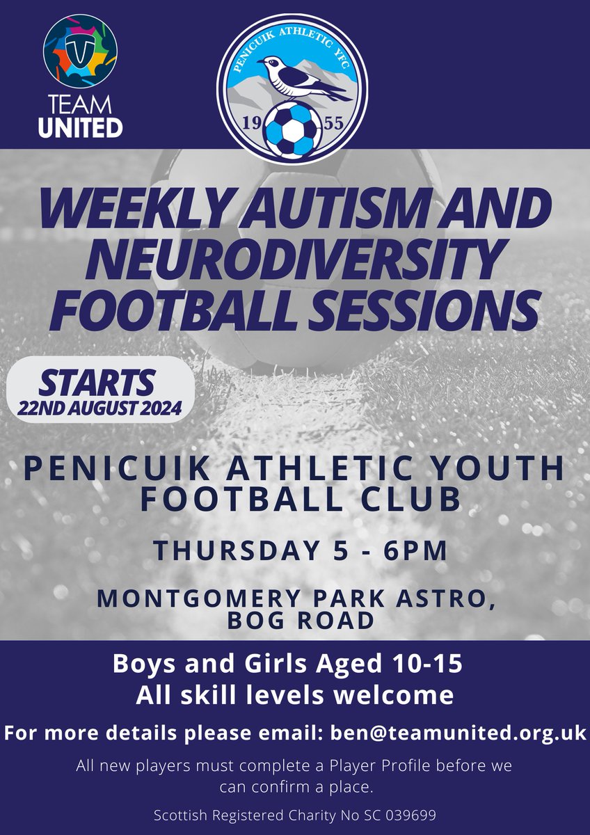 Active Midlothian (@active_mid) on Twitter photo COMMUNITY SESSIONS | PENICUIK AREA
<a href="/TeamUnitedSco/">Team United</a> & <a href="/PenicuikAthYFC/">Penicuik Ath YFC</a> are offering football sessions in Penicuik for pupils aged 10-15years with Autism and Neurodiversity⚽️
For more information, please contact the email address below 👇 COMMUNITY SESSIONS | PENICUIK AREA
<a href="/TeamUnitedSco/">Team United</a> & <a href="/PenicuikAthYFC/">Penicuik Ath YFC</a> are offering football sessions in Penicuik for pupils aged 10-15years with Autism and Neurodiversity⚽️
For more information, please contact the email address below 👇