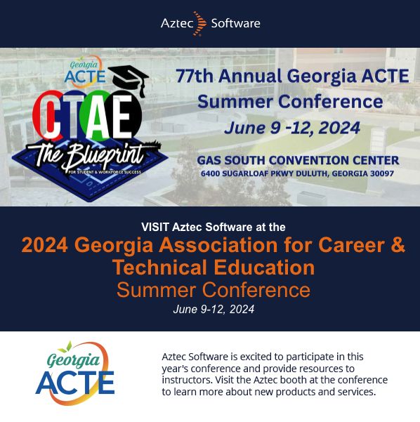 aztecsoftware's tweet photo. VISIT Aztec Software at the 2024 @GeorgiaACTE Summer Conference

Learn more about our CTE Healthcare Pathway courses:
https://t.co/3EKLjWI2qX

#WorkforceDevelopment #CareerPathways #DistanceLearning #PharmTech #PharmacyTechTraining #healthscience #careerteched https://t.co/TizO7f175S