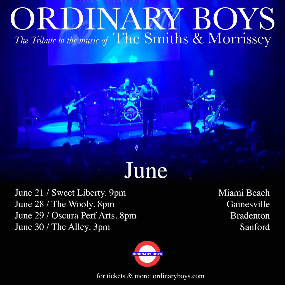 ordinaryboys_smithsmoztribute (@ordinaryboys_us) on Twitter photo JUNE / slammed with shows
21 at <a href="/sweetlibertymia/">Sweet Liberty</a>
28 at <a href="/thewoolygvl/">The Wooly Gainesville</a>
29 at <a href="/oscuralive/">Oscura</a>
30 at <a href="/TheAlleyBluesFL/">The Alley Blues</a> JUNE / slammed with shows
21 at <a href="/sweetlibertymia/">Sweet Liberty</a>
28 at <a href="/thewoolygvl/">The Wooly Gainesville</a>
29 at <a href="/oscuralive/">Oscura</a>
30 at <a href="/TheAlleyBluesFL/">The Alley Blues</a>