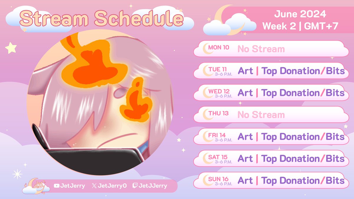 JetJerry0's tweet image. ตารางสตรีม สัปดาห์ที่ 10 - 16 มิ.ย. 2567 ค่ะ
เคลียงานกันค้าบ แล้วเจอกัน!🐰💖

Stream's schedule: week of 10 - 16 June 2024
Continue working on the Top Donate/Bits event. See you soon!🐰💖
#JetJJerry