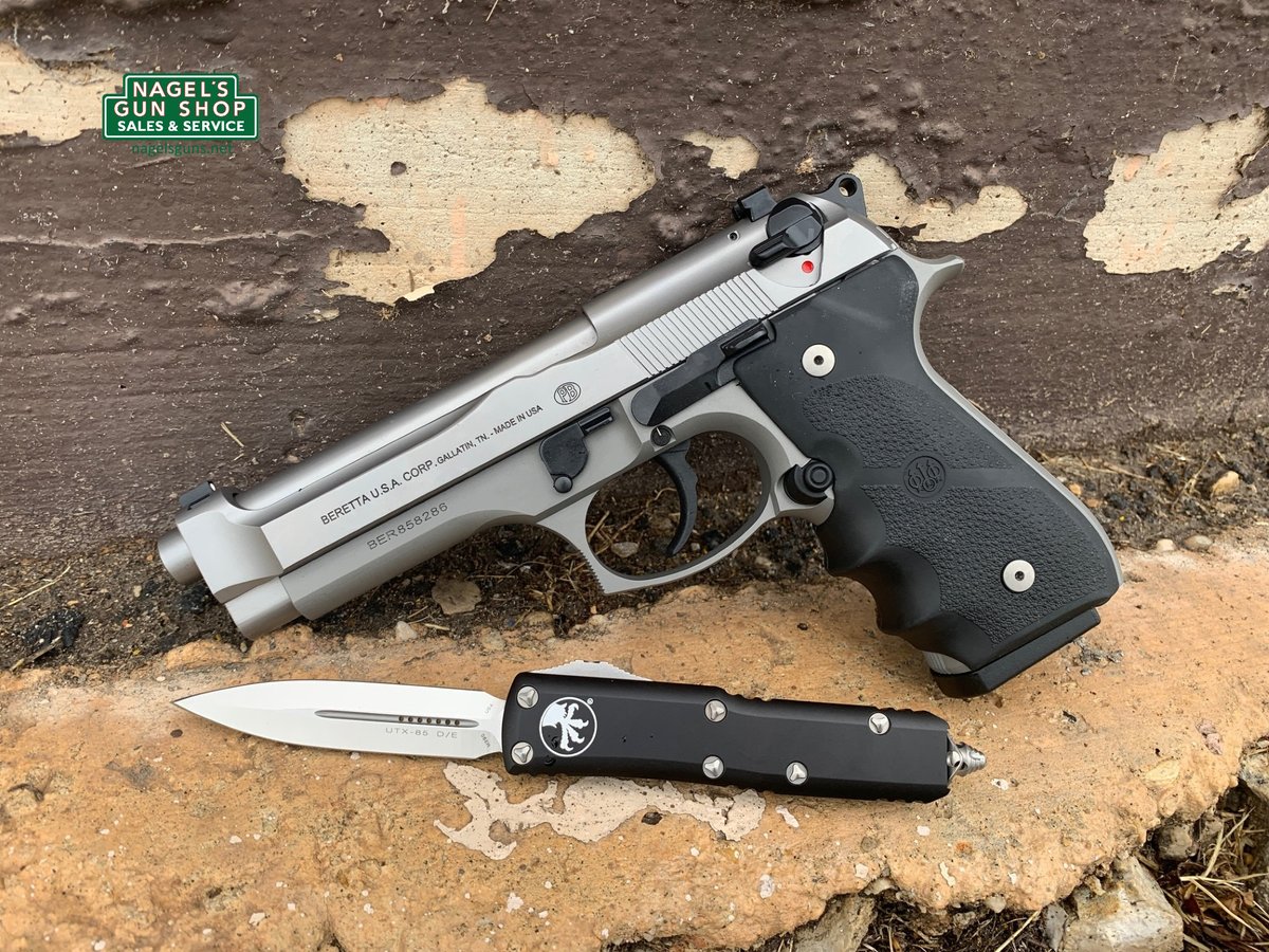 NagelsGunShop's tweet photo. On a rainy #microtechmonday, we have the @microtechknives UTX-85 Double Edge and a @Beretta_USA 92FS Brigadier Inox, both in Stainless Steel.
Nagel's is a #SanAntonioTradition Since 1942. https://t.co/uYQr8jGLvV