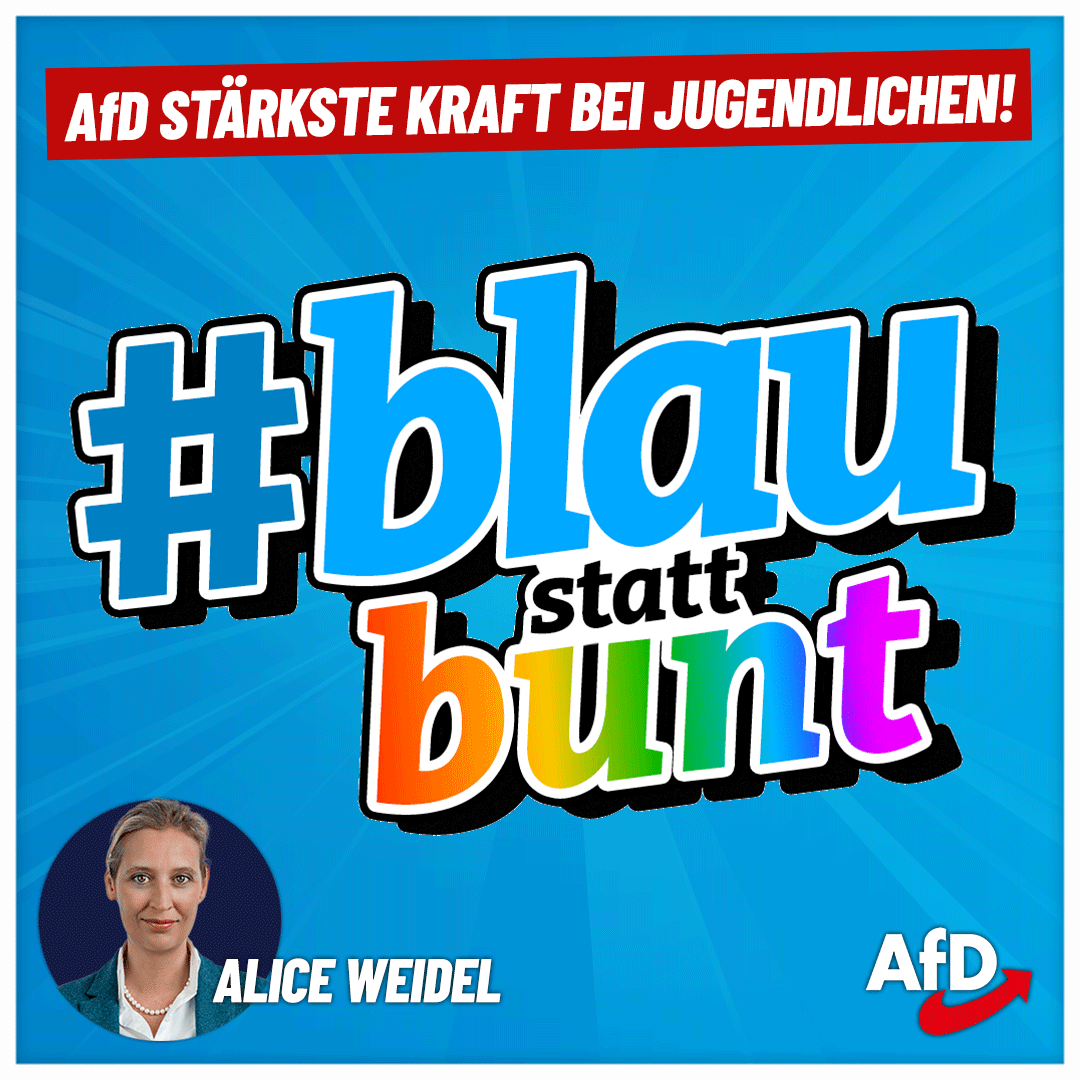 Alice_Weidel's tweet photo. Mit 17% wurden wir - gleichauf mit der #CDU - stärkste Kraft bei Jugendlichen und jungen Erwachsenen. Dafür herzlichen Dank - das bauen wir mit euch gemeinsam noch viel weiter aus! #blaustattbunt #DeshalbAfD #AfD #Europawahl #Jugend https://t.co/lBepKGVdwu
