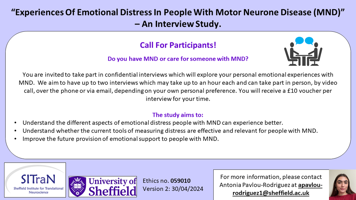 Researchers, including @drestherhobson and <a href="/ejmayberry/">Emily Mayberry (she/her)</a>, from <a href="/neuroshef/">Neuroscience Institute</a> would like to hear from people with #MND and their carers about their emotional experiences of MND.

The study aims to help improve emotional support for people with MND.

More info: mndassociation.org/research/get-i…
