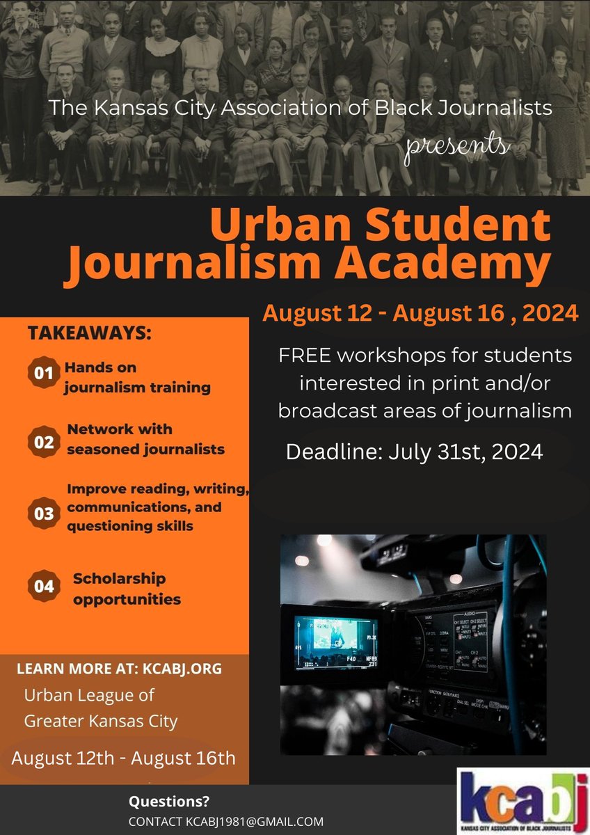 Please SHARE! Calling all HS and college students! Interested in journalism? Looking to network w/ and learn from seasoned Kansas City journalists? Our FREE Urban Student Academy is back again this summer! Deadline is July 31st. Application info here:kcabj.org/urban-student-…