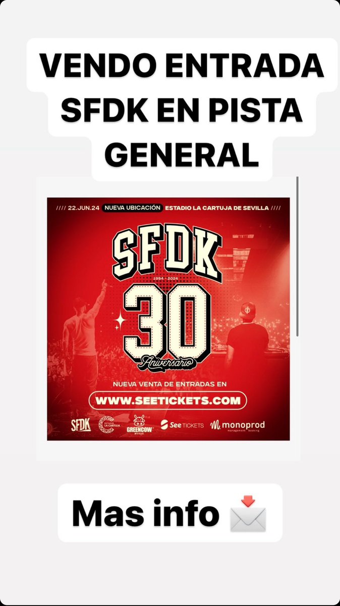 GabrielaGil4's tweet photo. Vendo entrada #SFDK 30 aniversario , pista general , la vendo por no poder ir , más info 📩 

RT 🙏🙏🙏🙏 https://t.co/TTs37g7IFX