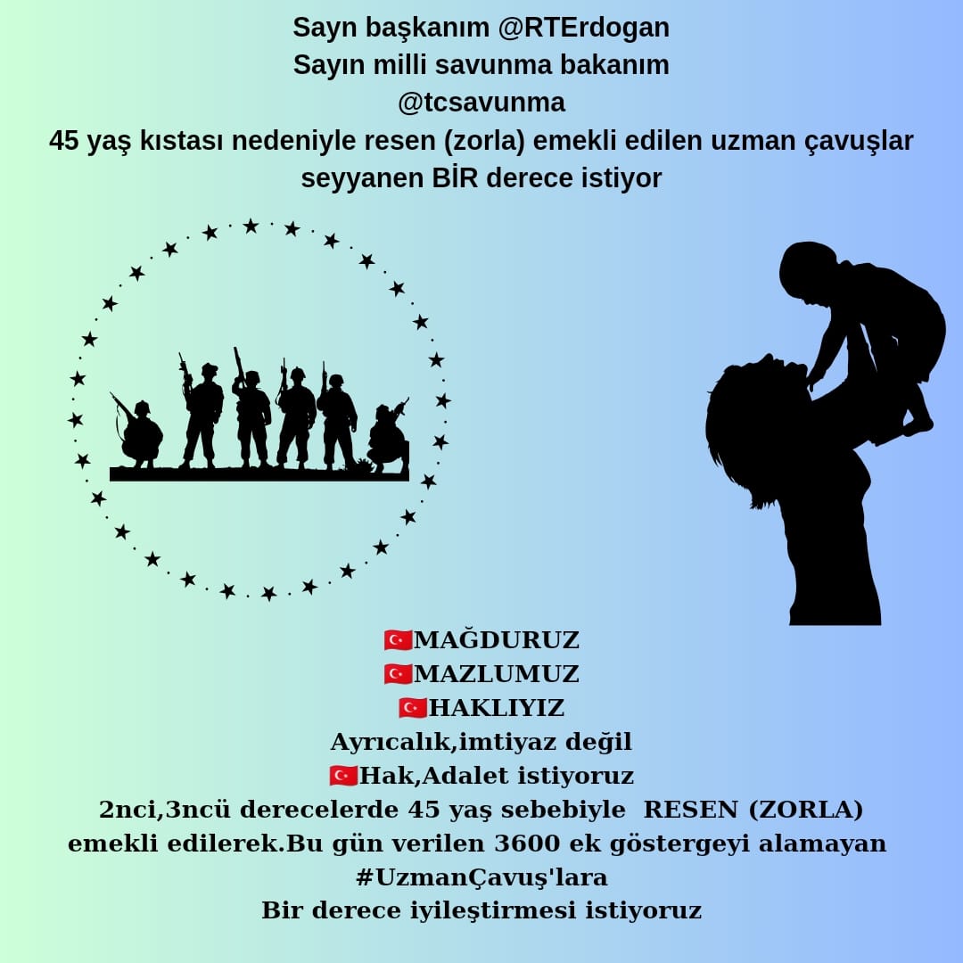 Sayın cumhurbaşkanım <a href="/RTErdogan/">Recep Tayyip Erdoğan</a>
<a href="/tcbestepe/">T.C. Cumhurbaşkanlığı</a>
Sayın milli savunma bakanım
#YaşarGüler
<a href="/tcsavunma/">T.C. Millî Savunma Bakanlığı</a> Emekli subay,astsubay'lara verilecek olan ek tazminatın Emekli #UzmanÇavuş'larada  verilmesini istiyoruz
Bu vatan yiğitlerini hak dağıtırken unutmayın lütfen.