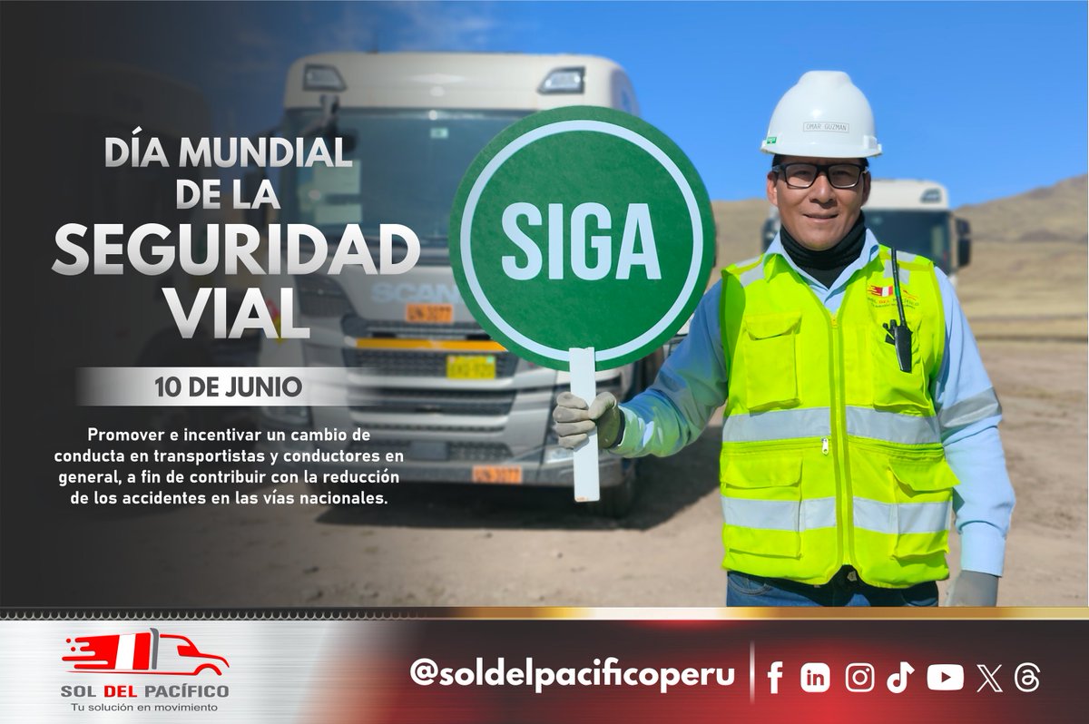 SDP_Peru's tweet photo. 🇵🇪 Día Mundial de la Seguridad Vial en SDP 🇵🇪

Busquemos promover e incentivar un cambio de conducta en transportistas y conductores en general, a fin de contribuir con la reducción de los accidentes en las vías nacionales.

#SDP #SolDelPacífico #familiaSDP #díadelaseguridadvial https://t.co/FZXfRBLnaK