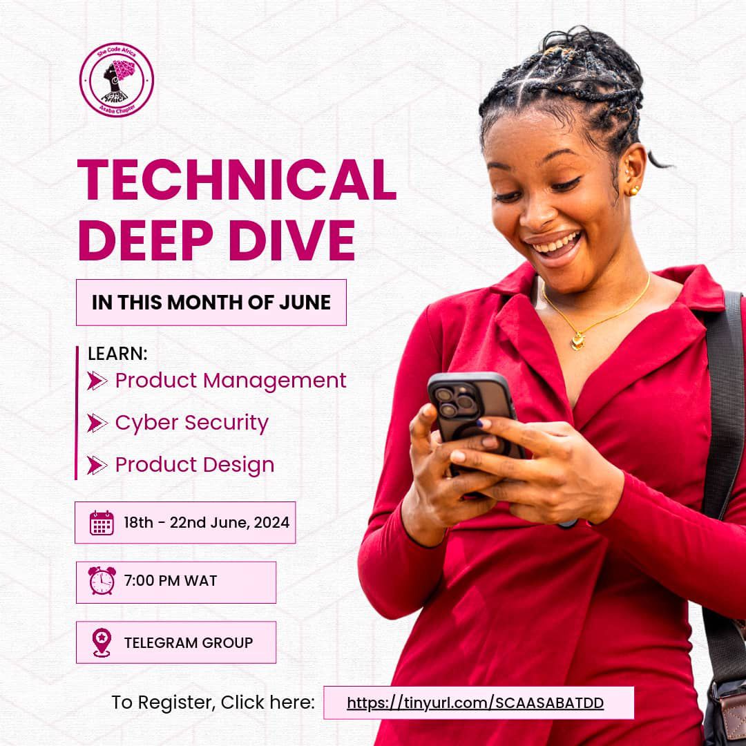 Join our June Technical Deep Dive!🚀🚀

Learn new skills and grow your career. It's going to be 5 days of pure knowledge-packed sessions!
Register here: tinyurl.com/SCAASABATDD
Limited slots only!

<a href="/SheCodeAfrica/">She Code Africa</a> #womenintech