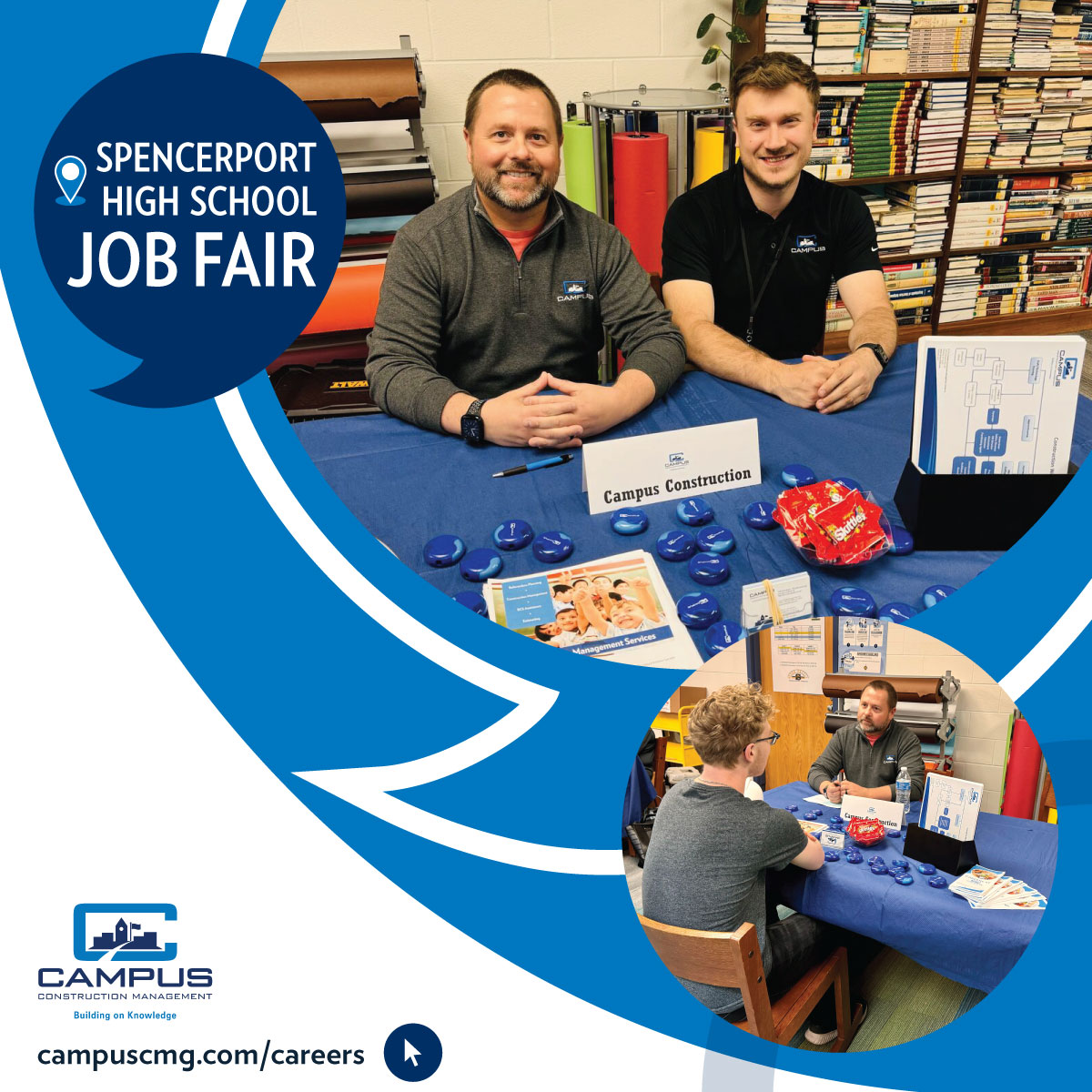 CampusCMG's tweet photo. Last week, Campus participated in the @SpencerportCSD Job Fair. Recruitment Specialist MJ Scrivens &amp; Project Manager Joe Pallatto welcomed the opportunity to talk with high school seniors about careers in the construction industry. https://t.co/IOoP1K6ZQn