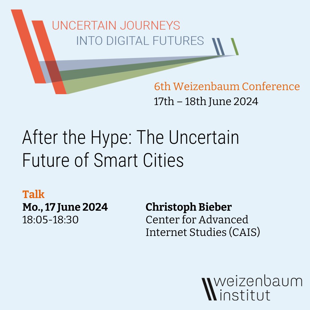 Weizenbaum-Institut (@jwi_berlin) on Twitter photo #SmartCities have always been a promising vision of #urban spaces. 📱🏙️ But their actual implementations have been found wanting. Sign up for the Weizenbaum Conference #WIConf24 now and don’t miss the talk by <a href="/drbieber/">Christoph „musked professor“ Bieber</a> about the “Post-Smart City era” 👇 weizenbaum-conference.de #SmartCities have always been a promising vision of #urban spaces. 📱🏙️ But their actual implementations have been found wanting. Sign up for the Weizenbaum Conference #WIConf24 now and don’t miss the talk by <a href="/drbieber/">Christoph „musked professor“ Bieber</a> about the “Post-Smart City era” 👇 weizenbaum-conference.de