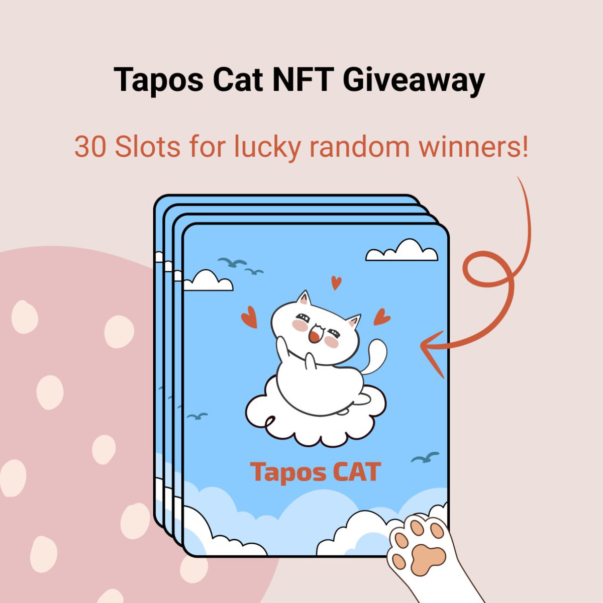 To celebrate the launch of the Aptos Cat NFT Collection, we're also giving away 30 NFTs to lucky winners! 

🗓️: June 10 —> June 12

Here's how to join the fun:

1, Like &amp; Share this announcement tweet 
x.com/taposcat/statu…
2, RT &amp; Tag 3 friends
3, Comment below with your