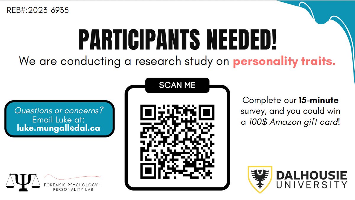 We’re recruiting Canadian residents to complete a 10-15 min survey on personality traits! By participating, you'll be entered into a draw to win 1/3 100$ Amazon gift cards. Scan the QR code or click this link to participate:
dalpsych.qualtrics.com/jfe/form/SV_3d…
Please share widely- thank you!