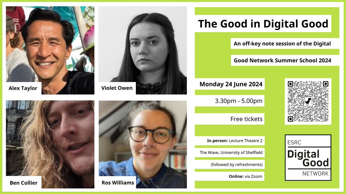 ESRC Digital Good Network (@digitalgoodnet) on Twitter photo When is a keynote speech about the 'digital good' NOT a keynote speech?
When it's an Off-Key Note Session at our 2024 Summer School in #Sheffield
Come join us for an event different to the norm.
With <a href="/alxndrt/">alextaylor@dair-community.social</a> @JohnnyHistone @VIOLETSrFL0WERS
& <a href="/roswillz/">ros williams</a>
digitalgood.net/the-good-in-di… When is a keynote speech about the 'digital good' NOT a keynote speech?
When it's an Off-Key Note Session at our 2024 Summer School in #Sheffield
Come join us for an event different to the norm.
With <a href="/alxndrt/">alextaylor@dair-community.social</a> @JohnnyHistone @VIOLETSrFL0WERS
& <a href="/roswillz/">ros williams</a>
digitalgood.net/the-good-in-di…