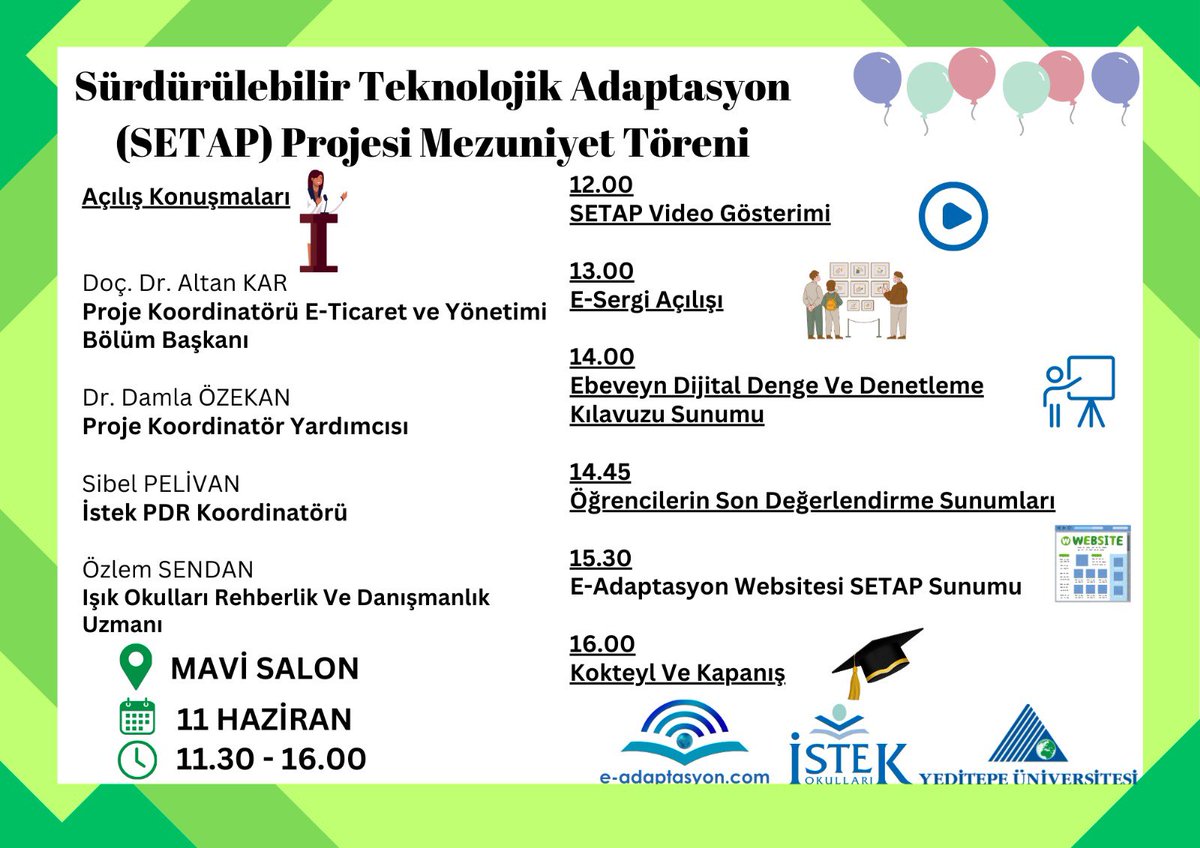 Sürdürülebilir Teknolojik Adaptasyon Projesi (SETAP) ile İSTEK Acıbadem Ortaokulu öğrencileriyle hem eğlenerek hem öğreterek dijital dünyada dengeli bir şekilde var olmalarını teşvik etmek amacıyla atölye çalışmaları gerçekleştirdik, ve güzel bir dönemin sonuna geldik.