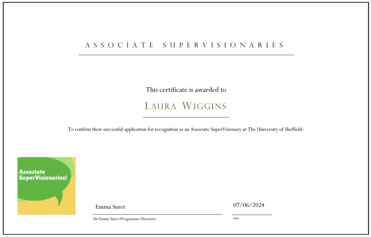 Officially an Associate SuperVisionary at <a href="/sheffielduni/">The University of Sheffield</a>! Such a fantastic programme giving PDRAs the opportunity to learn more about best practices for supporting PGRs and mentoring them through their thesis write up - really enjoyable and valuable experience! 😀
