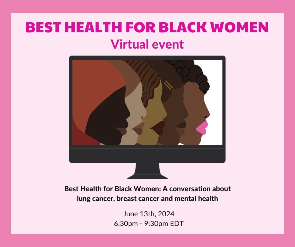 cancersociety's tweet photo. Join us for an empowering virtual event that will provide Black women with the awareness, education and resources they need regarding lung cancer, breast cancer, and mental health. 

The Canadian Cancer Society is partnering with the Peter Gilgan Centre for Women's Cancers at @wchospital, @OliveBranchHope, @UHN and @rethinktweet to host the Best Health for Black Women event on June 13th, 2024. 

This free event will:
➡️  Empower Black women with health and wellness information tailored specifically to them.
➡️  Provide knowledge and awareness around lung and breast cancer risk factors, prevention, screening and early detection.
➡️ Share educational and community resources that are available for Black women.
➡️ Provide an opportunity to learn from others with lived experience through stories and conversation.

Register today: https://t.co/YSRh4iOEaa