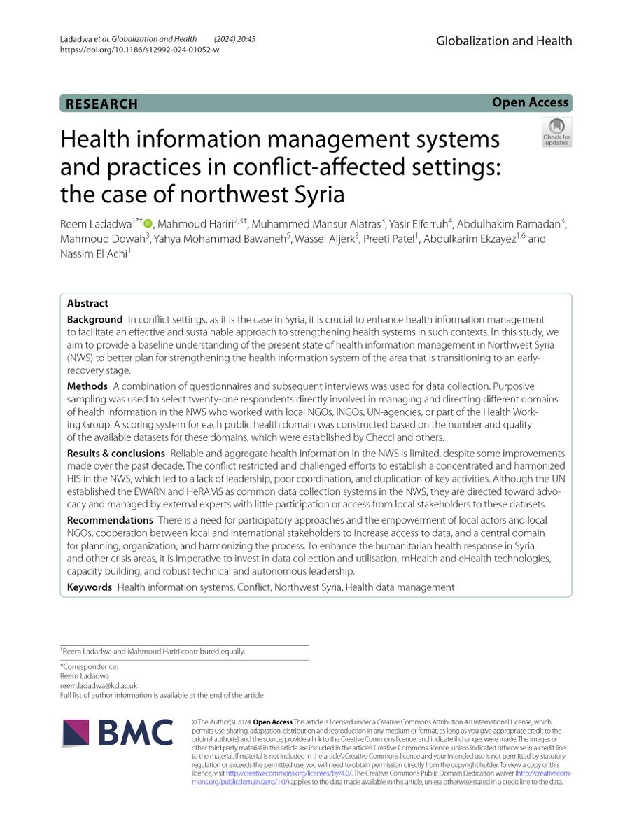 🆕New publication!

Discover the state of health information management systems in Northwest Syria and the strategies for strengthening health systems in conflict-affected areas. Read more about the findings and plans for early recovery. #HealthSystems

🔗doi.org/10.1186/s12992…