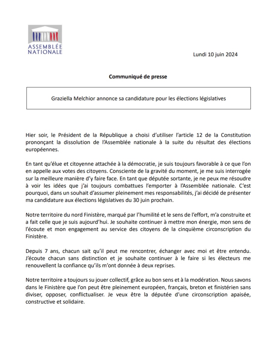#ElectionsEuropéennes2024 En tant que députée sortante, je ne peux me résoudre à voir les idées que j’ai toujours combattues l’emporter à l’Assemblée nationale. C’est pourquoi,  j’ai décidé de présenter ma candidature aux élections législatives du 30 juin prochain. #Dissolution