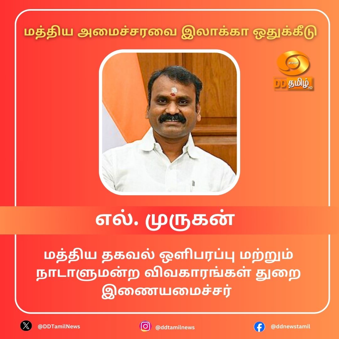DDTamilNews's tweet image. #CouncilofMinisters | #UnionMinisterofState 

மீண்டும் தகவல் ஒளிபரப்பு துறை இணை அமைச்சரானார் @Murugan_MoS.

நாடாளுமன்ற விவகாரங்கள் துறையும்  ஒதுக்கீடு.

@rashtrapatibhvn @narendramodi @PMOIndia @DDNewslive @office_murugan