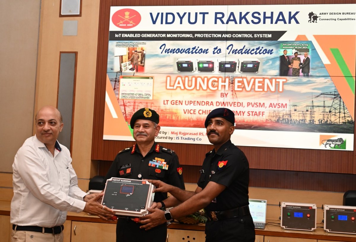 adgpi's tweet image. #LtGenUpendraDwivedi #VCOAS, launched the innovation &quot;Vidyut Rakshak- IoT Enabled Integrated Generator Monitoring, Protection and Control System” in New Delhi. #VCOAS felicitated the Innovator Maj Rajprasad RS for steering the technology from “#Innovation to #Induction”. The…