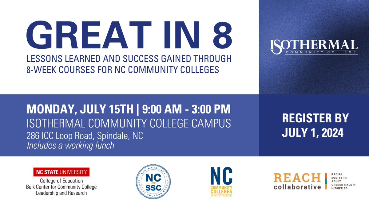 ncstatebelk's tweet photo. Join us at @isothermal_edu for a one-day workshop to learn about the transition process to the 8-week course format. We will dive into the challenges faced, successes achieved, and valuable lessons learned along the way.
Register here by July 1: https://t.co/ClsFcGYvtl https://t.co/gFnXEfszBU