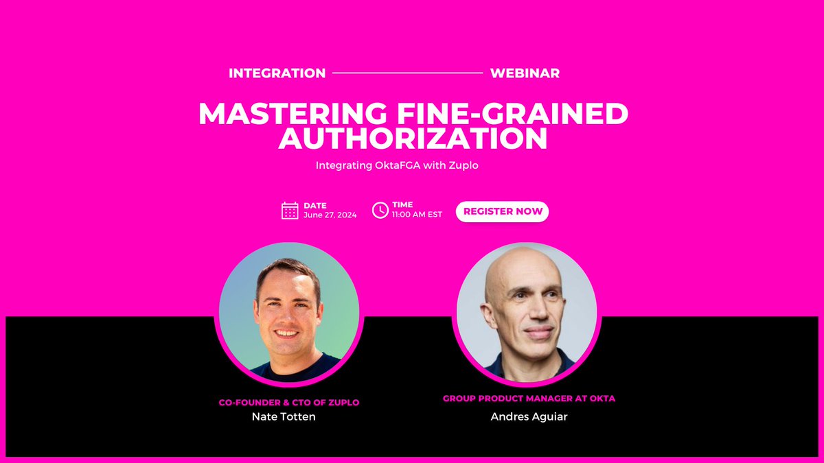 Zuplo's tweet image. Join Zuplo Co-Founder and CTO @ntotten and Group Product Manager at @okta @aaguiar, for "Mastering Fine-Grained Authorization" Webinar.
🗓️ Date: June 27th, 2024
🕒 Time: 11:00am EST
👉 Register now:hubs.li/Q02B2s9D0
#OktaFGA #APISecurity #APIDeveloper