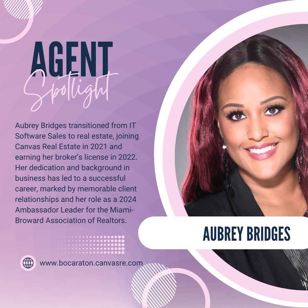 Aubrey Bridges moved from IT Software Sales to real estate, joining Canvas in 2021 &amp; earning her broker’s license in 2022. Now a 2024 Ambassador Leader for Miami-Broward Realtors, her dedication &amp; business acumen have led to a successful career. #AgentSpotlight #CanvasRE