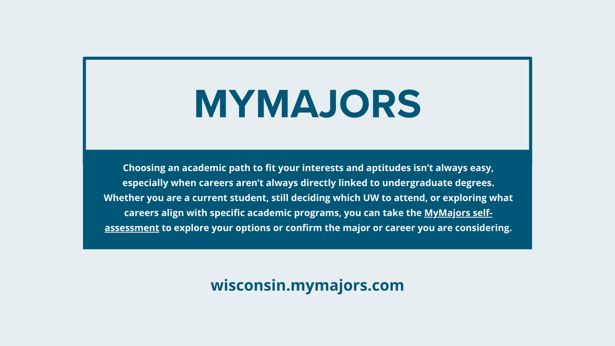 Go_Wisconsin's tweet photo. Still deciding on a major? No problem! Take the MyMajors self-assessment to explore your options or confirm the major or career you are considering: https://t.co/h4J1r9t53J https://t.co/VfKRFWL8lq