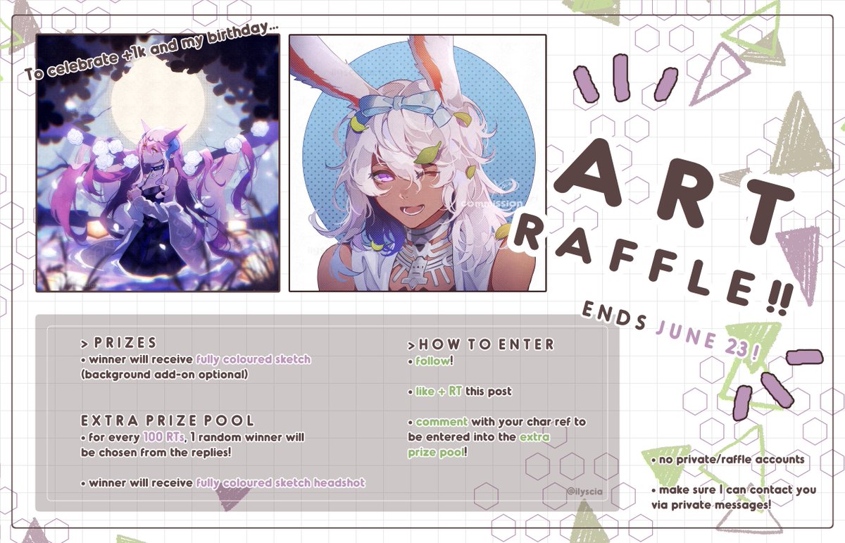 ✿ ART RAFFLE‼️

I'm hosting a raffle to thank everyone for helping me hit +1k AND to celebrate my bday today!!

Winner must follow +♥️+ RT this post

Extra prize pool winners will be selected from the comments only

Ends June 23, good luck!