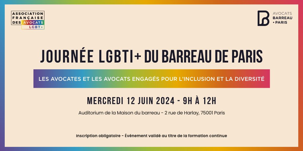 𝗝-𝟮 : 𝗷𝗼𝘂𝗿𝗻𝗲́𝗲 𝗟𝗚𝗕𝗧𝗜+ 𝗱𝘂 𝗯𝗮𝗿𝗿𝗲𝗮𝘂 𝗱𝗲 𝗣𝗮𝗿𝗶𝘀 𝗮̀ 𝗹𝗮 𝗠𝗮𝗶𝘀𝗼𝗻 𝗱𝘂 𝗯𝗮𝗿𝗿𝗲𝗮𝘂 🏳️‍🌈
A l’occasion du mois des fiertés, <a href="/Avocats_Paris/">Avocats de Paris</a> et <a href="/avocatslgbt/">Association Française des Avocats LGBT+ (AFALGBT+)</a> vous invitent à participer à la toute première journée LGBTI+ du barreau de Paris, le 12 juin