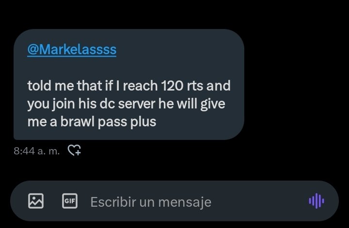Hola a todos, @Markelassss me dijo que si logro 120 Rts en este post, me dará un brawl pass plus, mi cumpleaños será en este mes de junio por favor ayúdenme a cumplir este sueño y únanse a su servidor de discord también, gracias 🤍