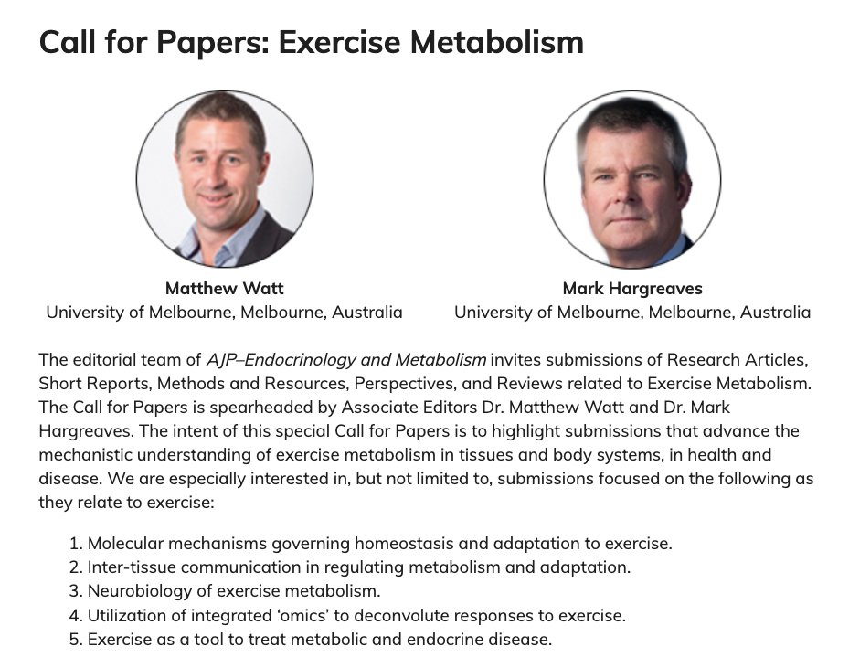 AJPEndoMetab's tweet photo. #AJPEndoMetab Call for Papers: Exercise Metabolism
The Call for Papers is spearheaded by Associate Editors Dr. Matthew Watt and Dr. Mark Hargreaves.
LINK: https://t.co/nAubHgl58z
#MolecularMechanismsGoverningHomeostasis #AdaptationToExercise https://t.co/15C68HHnCP