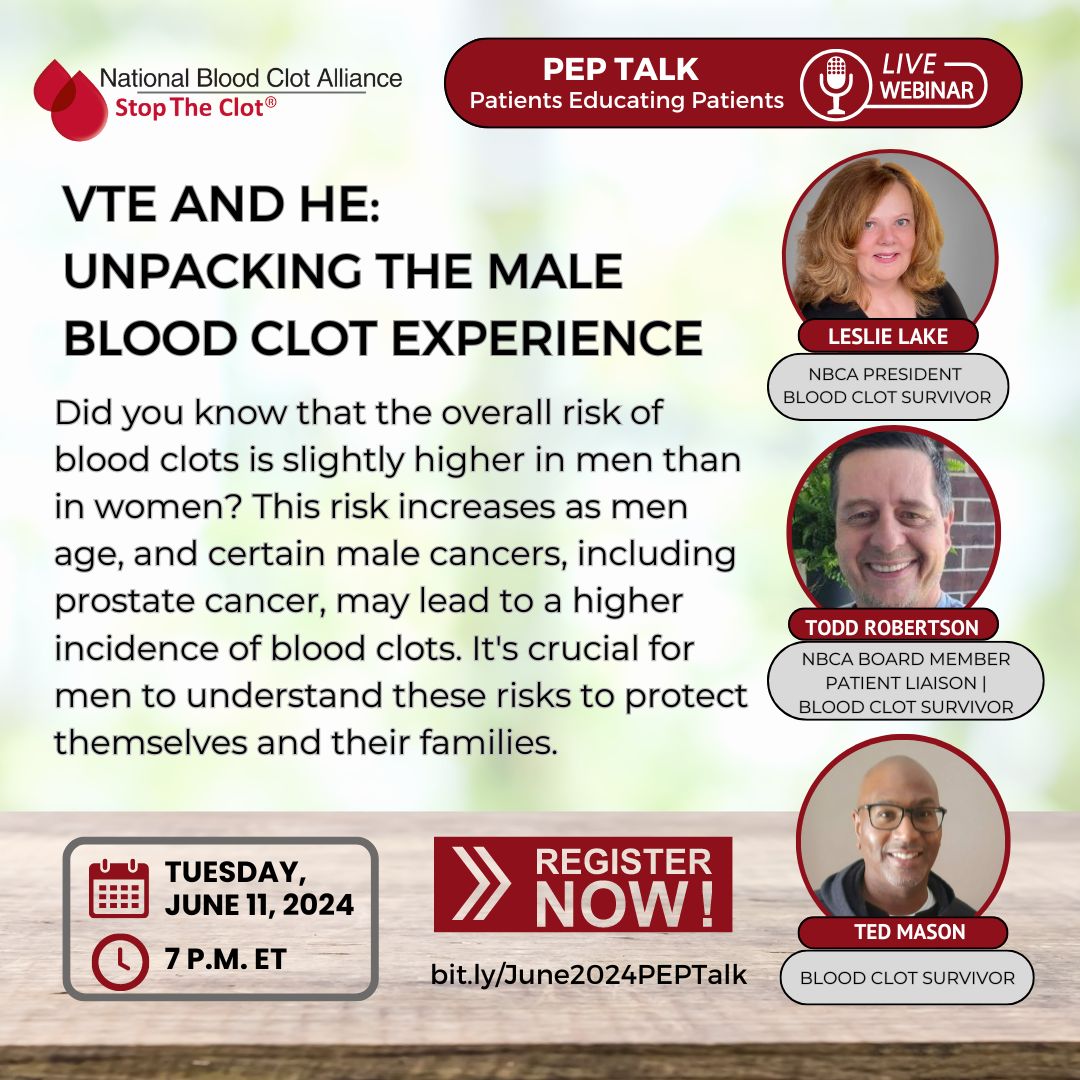 StopTheClot's tweet image. HAPPENING TOMORROW: In recognition of Men’s Health Month, our next PEP Talk focuses on the male blood clot experience. This PEP Talk isn’t just for men, it’s also for women who care about them. Don’t miss it! Register: bit.ly/June2024PEPTalk

#stoptheclot #bloodclots #peptalk