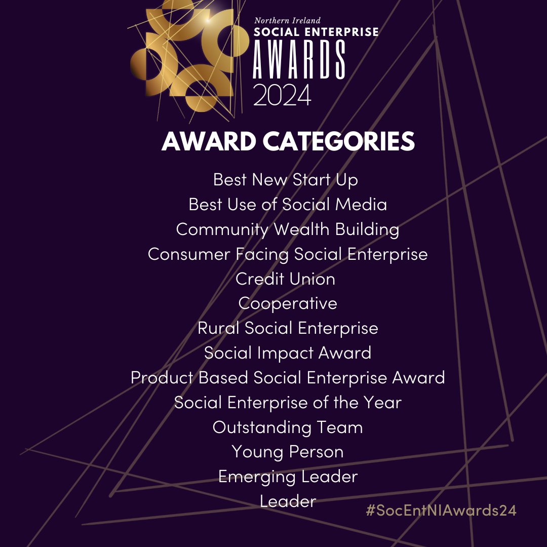 ✨ Full list of Award Categories ✨

The #SocEntNIAwards24 are a massive opportunity to raise the profile of your organisation.

Our online portal for applications makes the process very simple.

Read more about the 18 award categories via the link 🔗bit.ly/4aooEBv