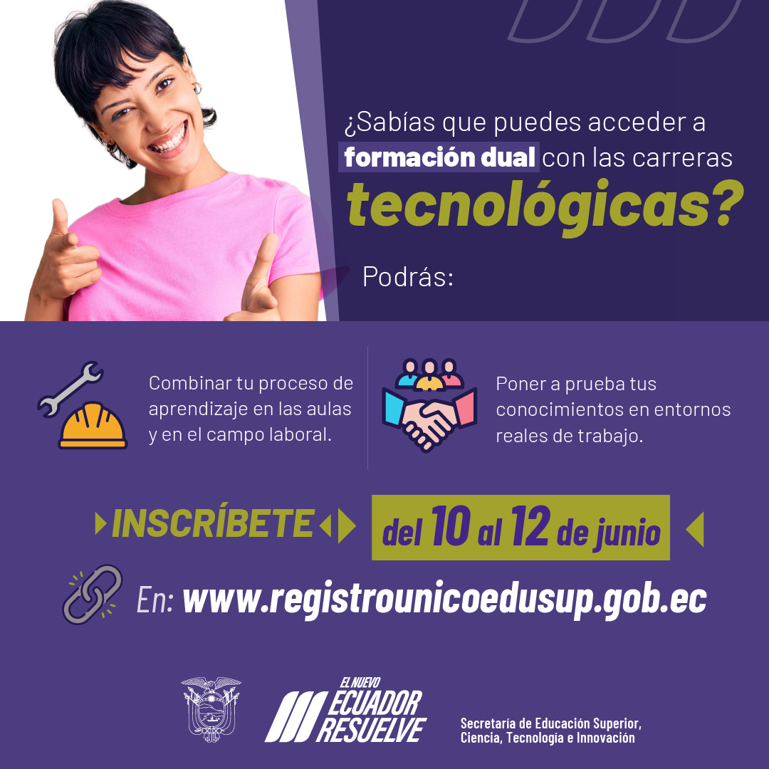 Con las carreras tecnológicas obtienes tu título de tercer nivel en menor tiempo. 🎓
Además, aprendes con:
✅Formación teórica, en las aulas.
✅Formación práctica, en entornos reales de trabajo.
INSCRÍBETE en: 🔗 registrounicoedusup.gob.ec