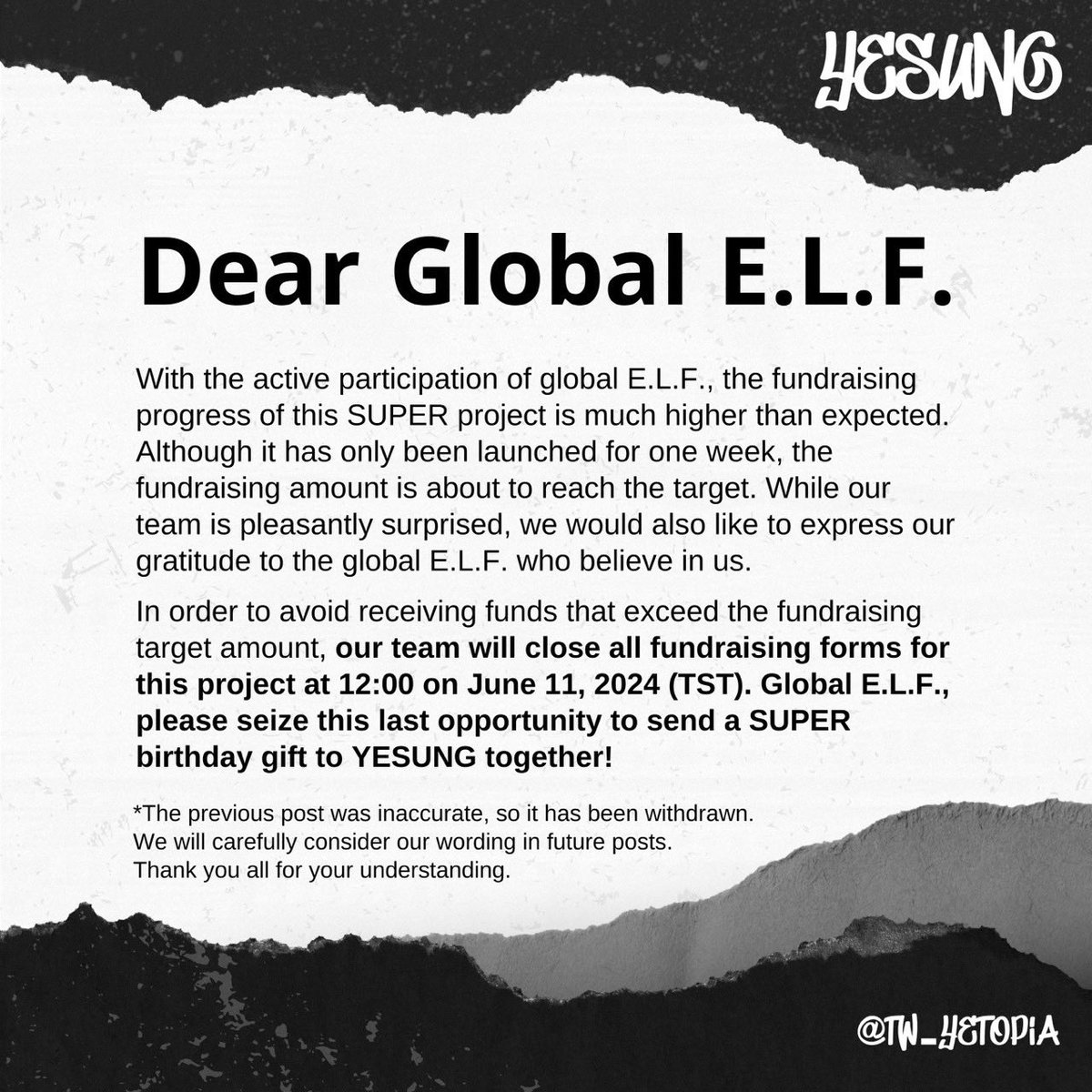 Thanks to global E.L.F., we will close the form at 6/11 12:00 (TST), please seize this last opportunity to send a gift to YESUNG꒰ ¨̮ ꒱ʃ🎤ƪ

#TW_YeTopia #HappyYesungDay #예성 #Yesung #SuperJunior <a href="/shfly3424/">Yesung</a>