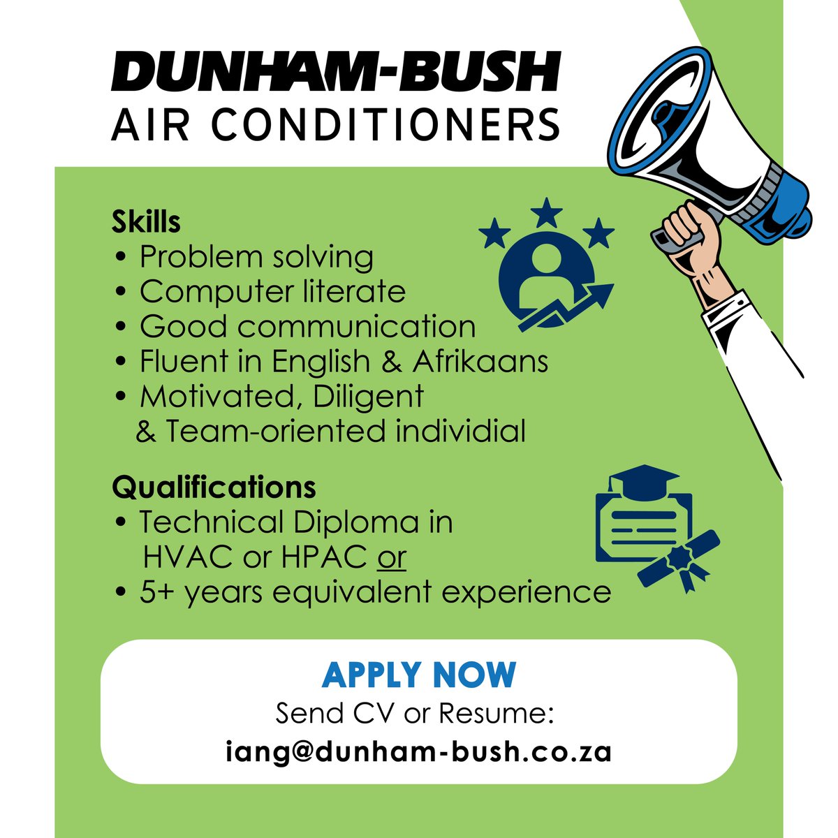 DunhamBushSA's tweet photo. 🎉We're Hiring!📢
We are seeking to #recruit a Junior &amp; Senior HVAC Technician to join our team at our Midrand Branch!
There is no cooler place to be!❄
APPLY NOW:
mailto:iang@dunham-bush.co.za
#sendyourcv #airconditioning #dunhambushsa #hvactechnician #hvac #technician #openpost https://t.co/3aSLQtwOKO