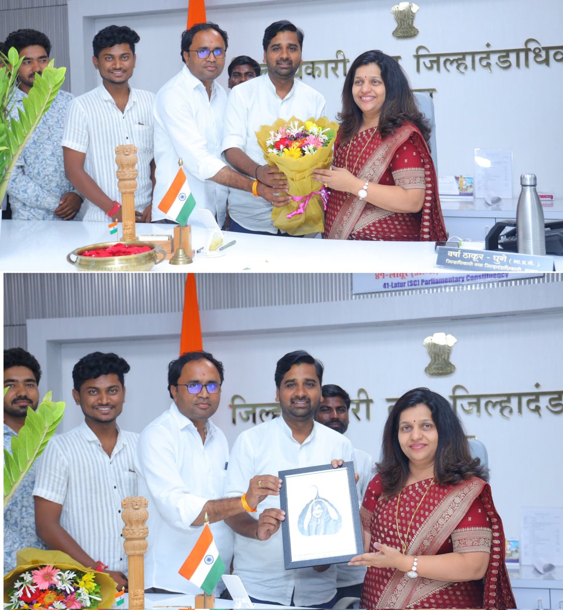 RameshLPatil's tweet photo. #लातूर  येथे #जिल्हाधिकारी श्रीमती वर्षाजी घुगे-ठाकूर मॅडम यांना भेट घेऊन लिफ आर्टिस्टने पिंपळपानावर रेखाटलेले छायाचित्र दिले.पुष्पगुच्छ  देऊन अभिष्टचिंतनच्या मनःपूर्वक शुभेच्छा दिल्या ! आपल्याला निरोगी आरोग्य आणि दीर्घयुष्य लाभो, ही प्रार्थना! @Iasvarshathakur ji https://t.co/ssheZhGtYo