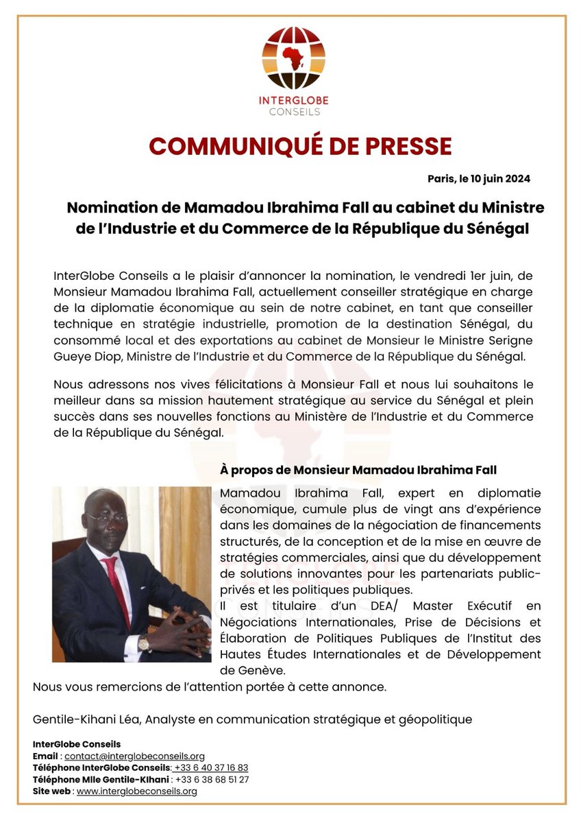 Excellente nouvelle pour le cabinet : un de nos #associés devient conseiller #ministériel au #Sénégal ! Bravo cher Mamadou Ibrahima Fall et tous nos vœux de réussite.
#Bassiroudiomayefaye #sonko
#diplomatie #economique #commerce #consommationlocale 
#nomination #elections2024